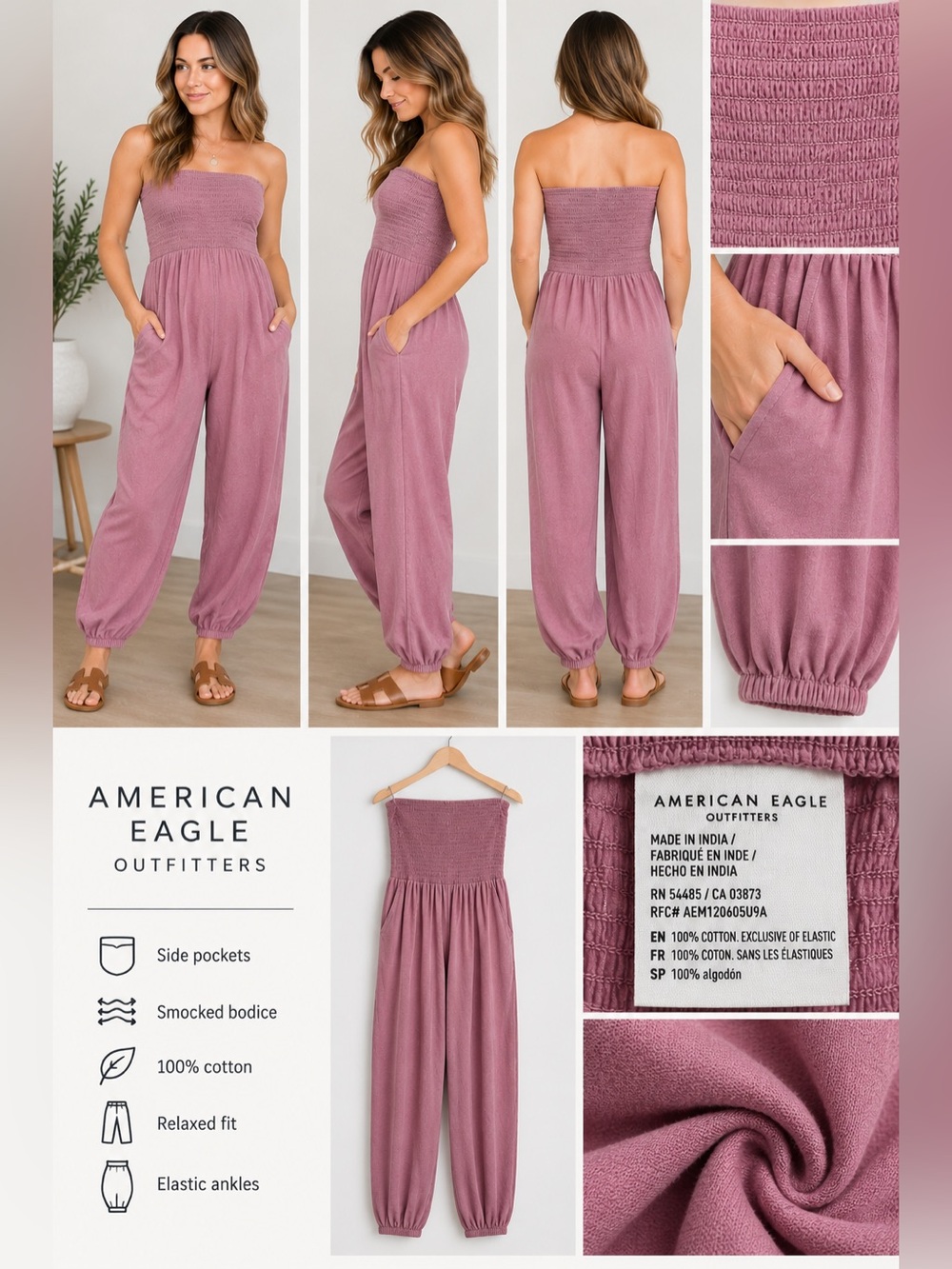 American Eagle Outfitters Strapless Smocked Jumpsuit — Dusty Rose